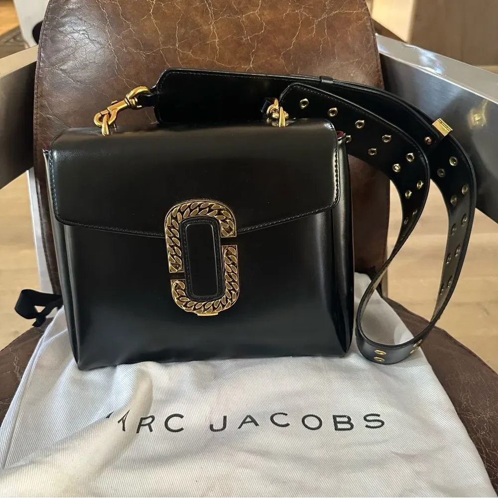 NEW Marc Jacobs Black  Polished Leather Double J St Marc Satchel Crossbody